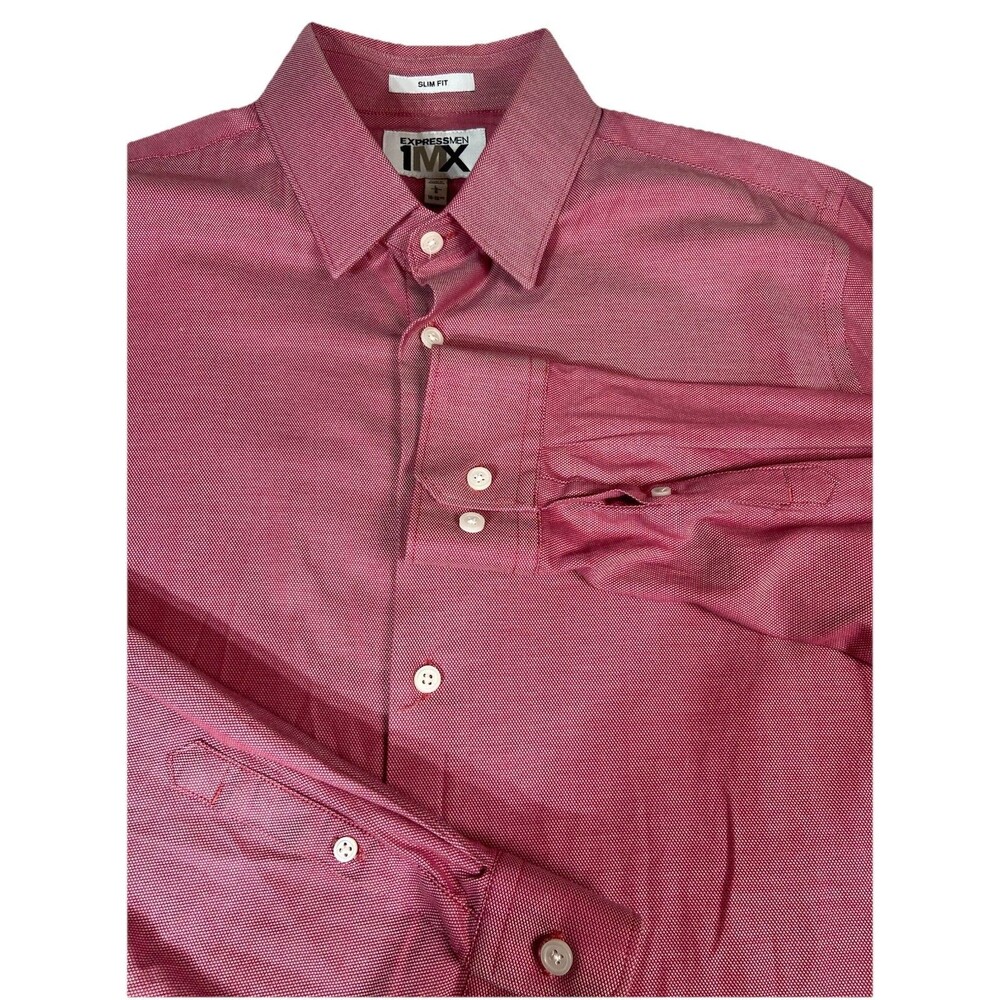 Express 1MX Mens Large Slim Fit Stretch Dress Shirt Red Long Sleeve Micro Weave